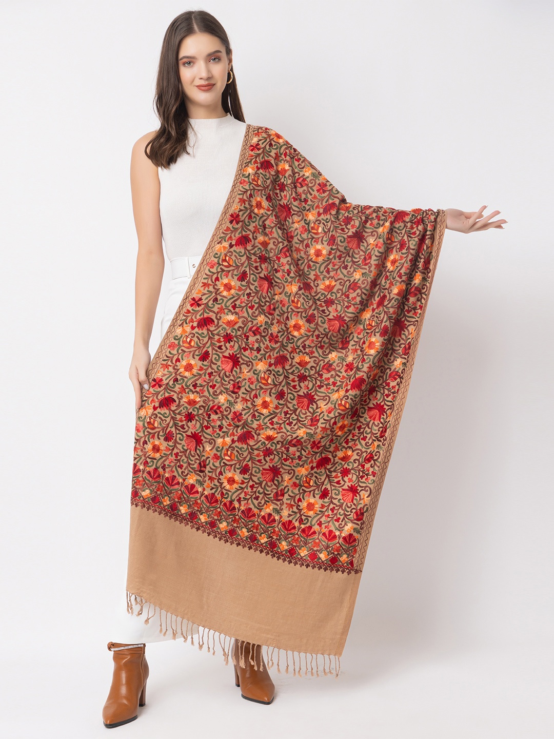 

CASMIR Unisex Floral Embroidered Shawl, Beige