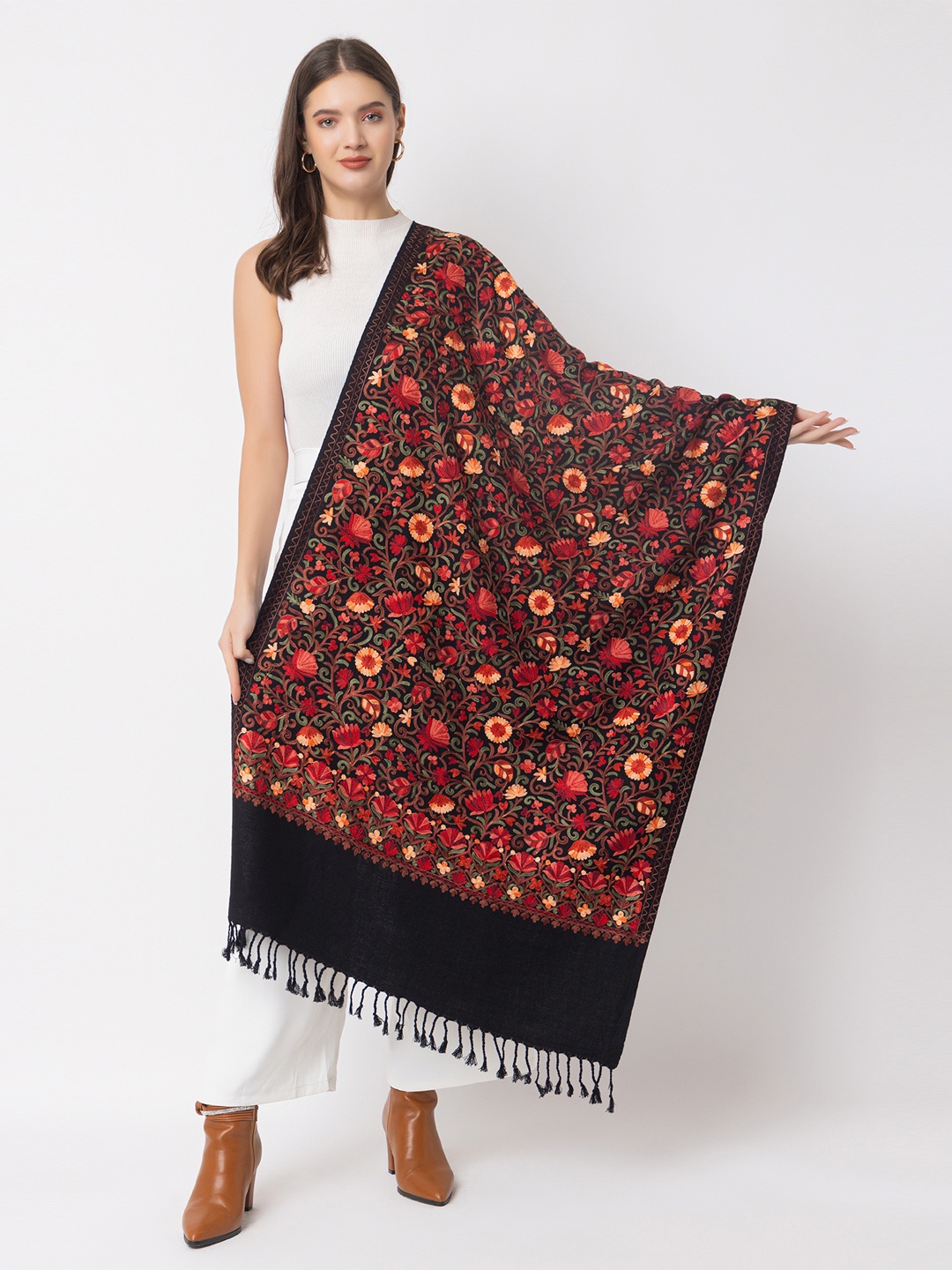 

CASMIR Floral Embroidered Shawl, Black