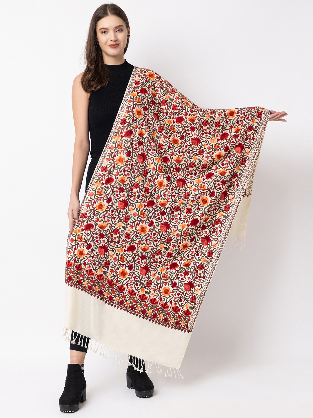 

CASMIR Women Embroidered Shawl, Cream