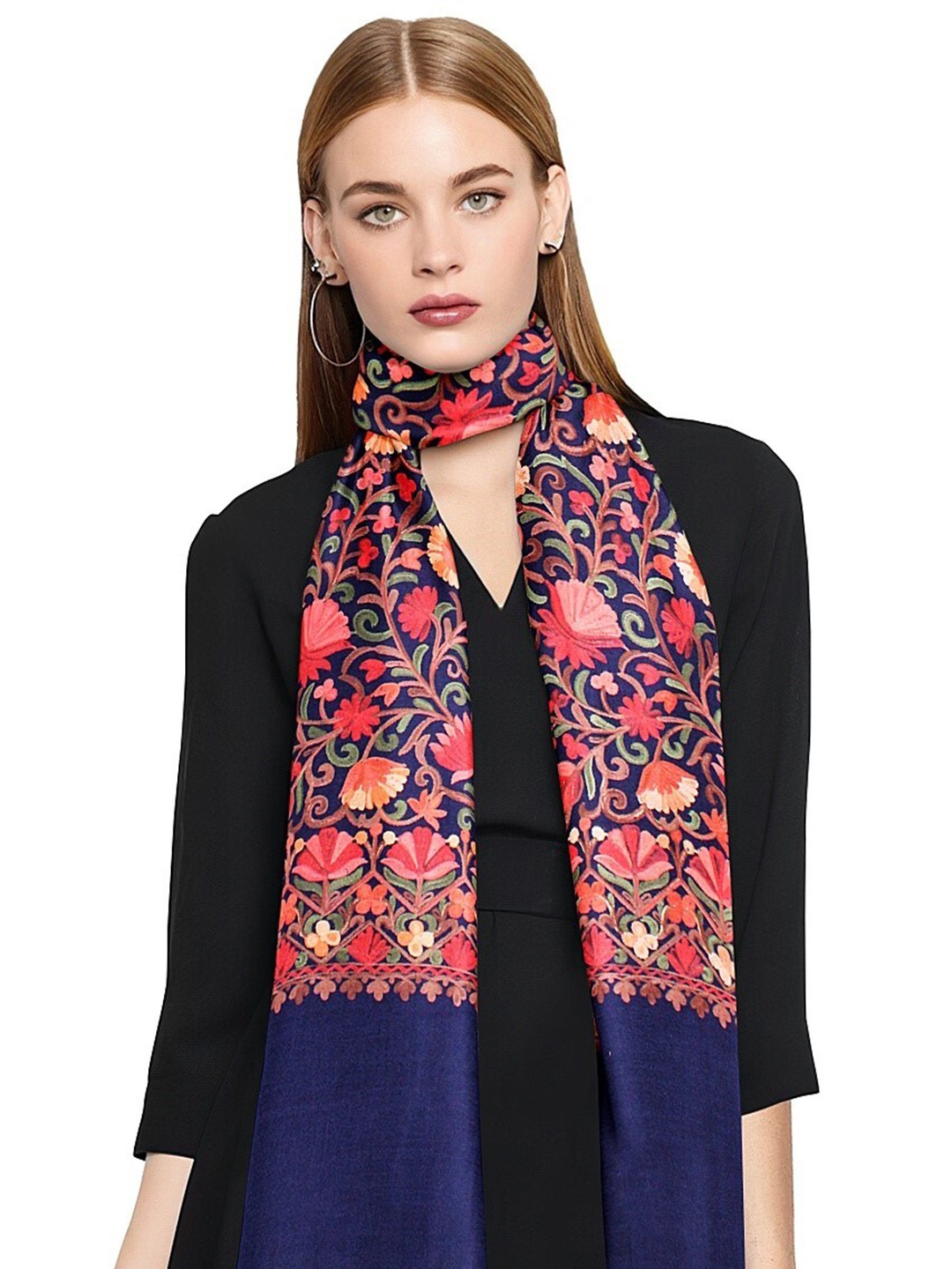 

CASMIR Floral Embroidered Shawl, Navy blue