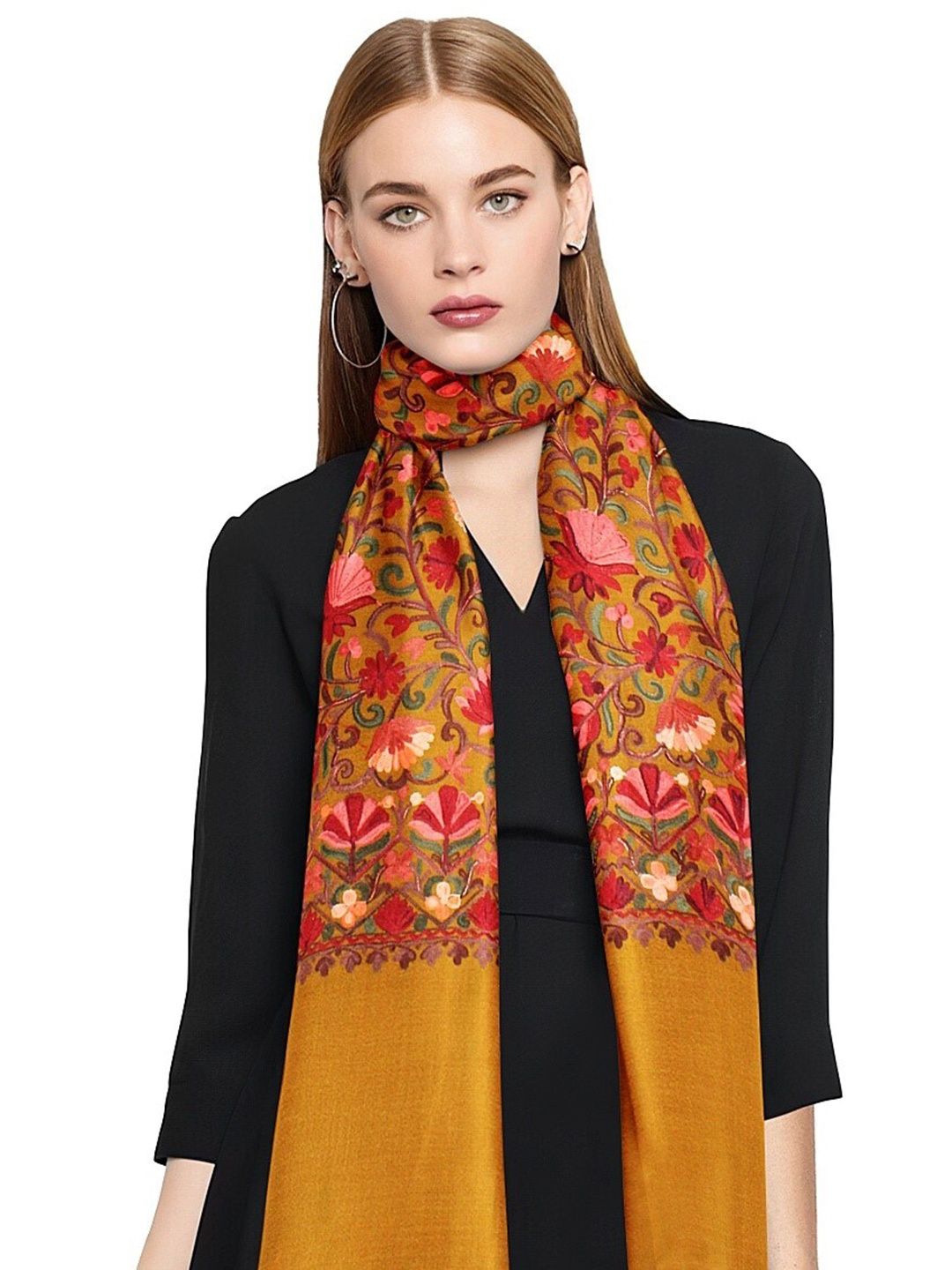 

CASMIR Floral Printed Tasselled Shawl, Mustard