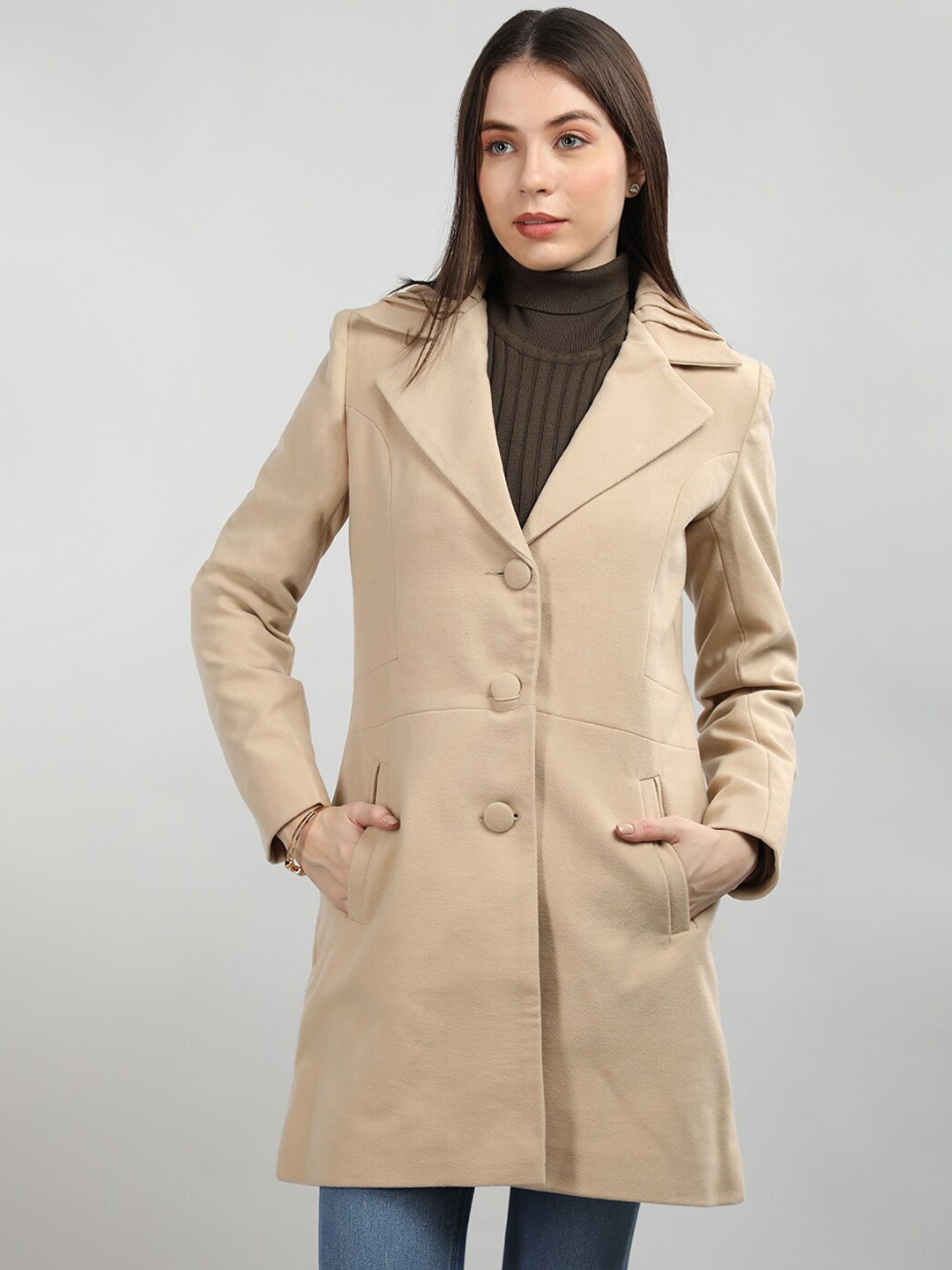 

CHKOKKO Single Breasted Woollen Overcoat, Beige