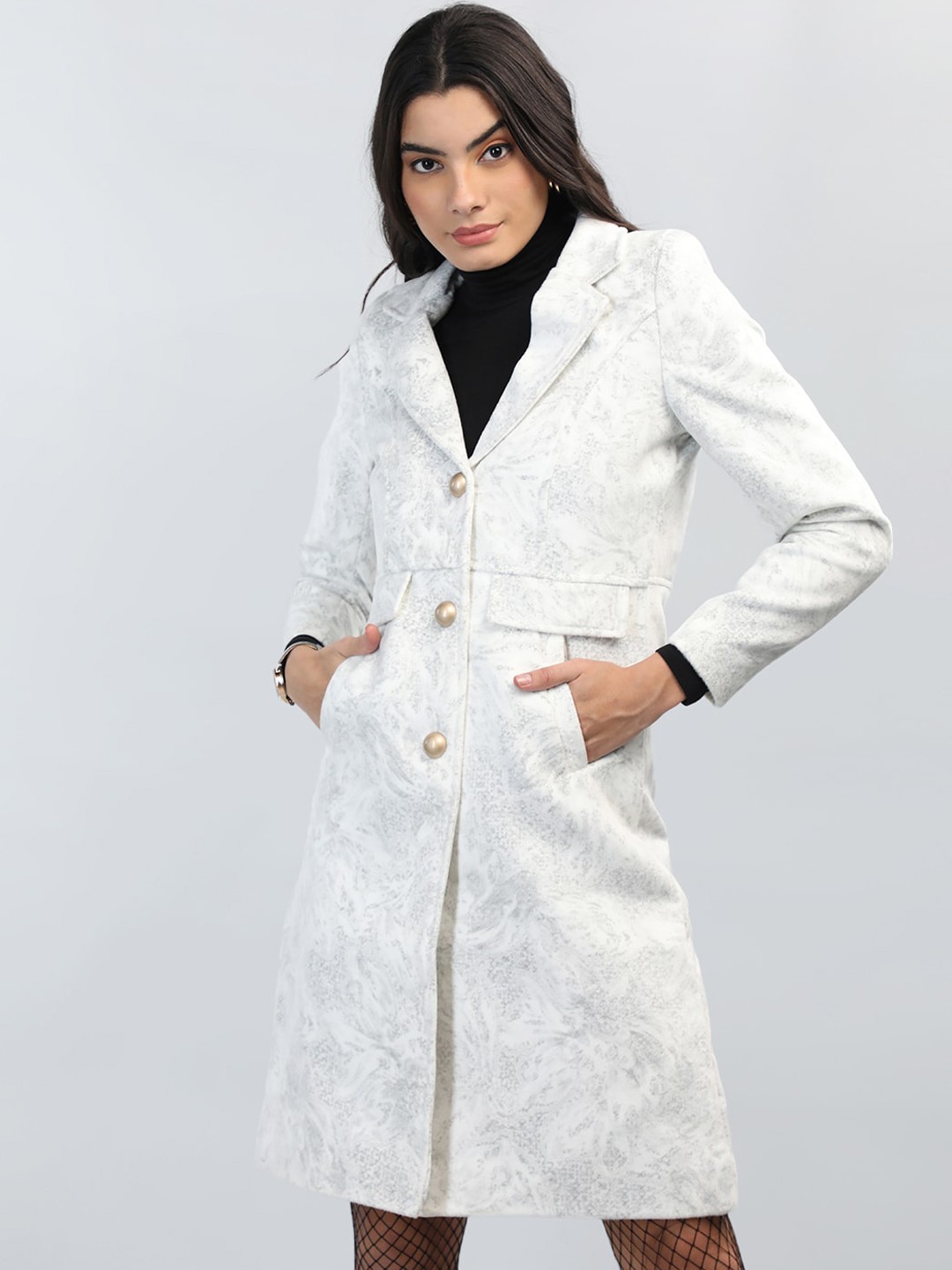 

CHKOKKO Self-Design Single-Breasted Wool Overcoat, White