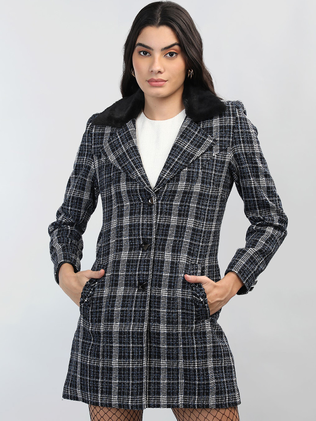 

CHKOKKO Checked Single-Breasted Wool Overcoat, Navy blue