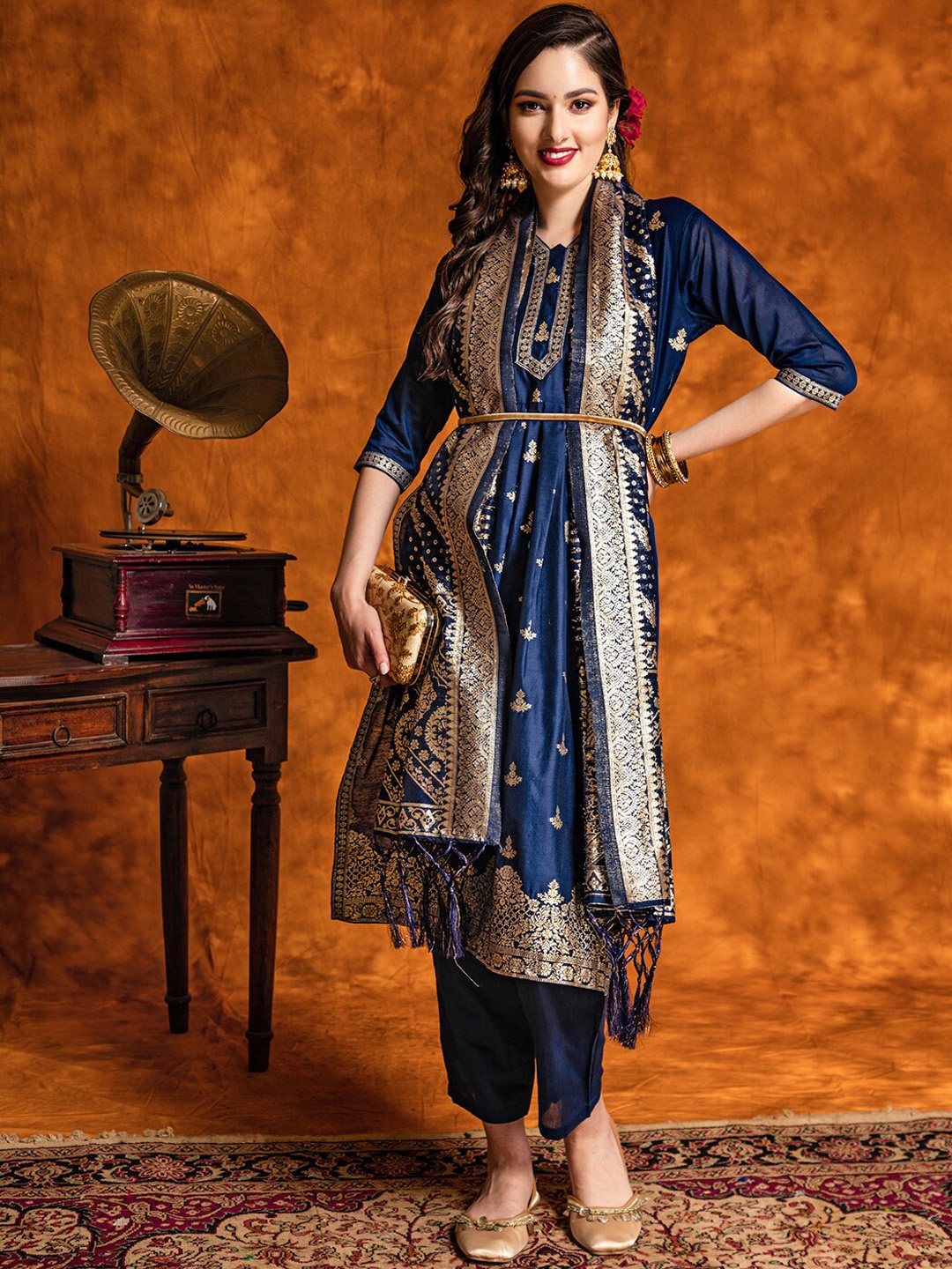 

HERE&NOW Ethnic Motifs Chanderi Silk A-line Zari Kurta With Trousers & Dupatta, Navy blue