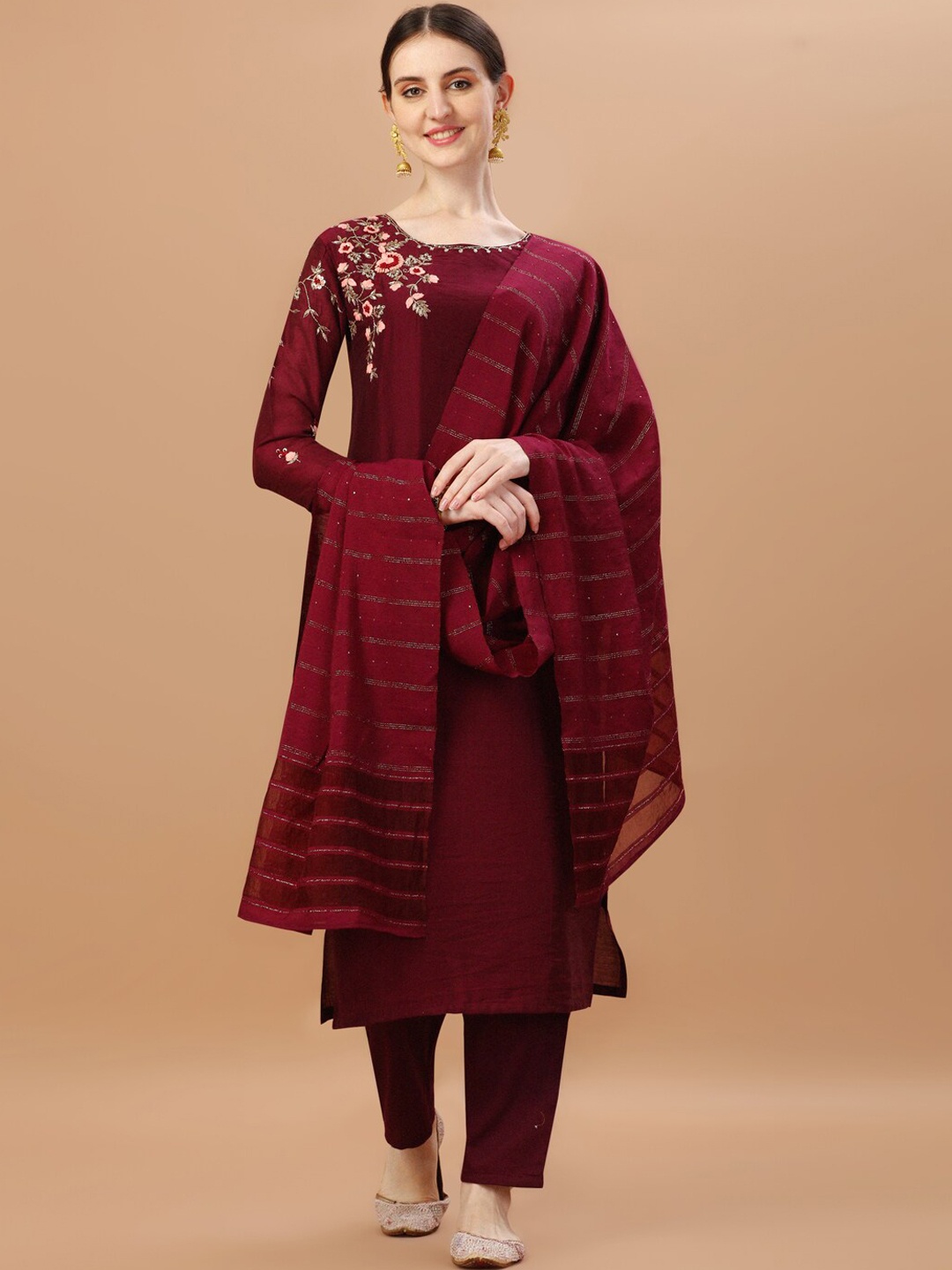 

Berrylicious Floral Embroidered Sequinned Chanderi Cotton Kurta With Trousers & Dupatta, Burgundy