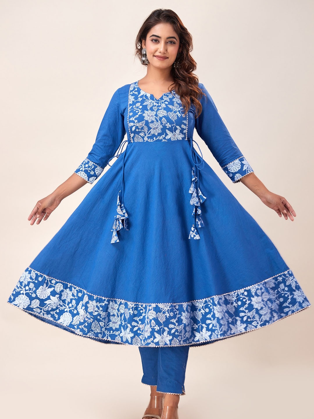 

HERE&NOW Blue Yoke Design Empire Gotta Patti Pure Cotton Kurta with Trousers