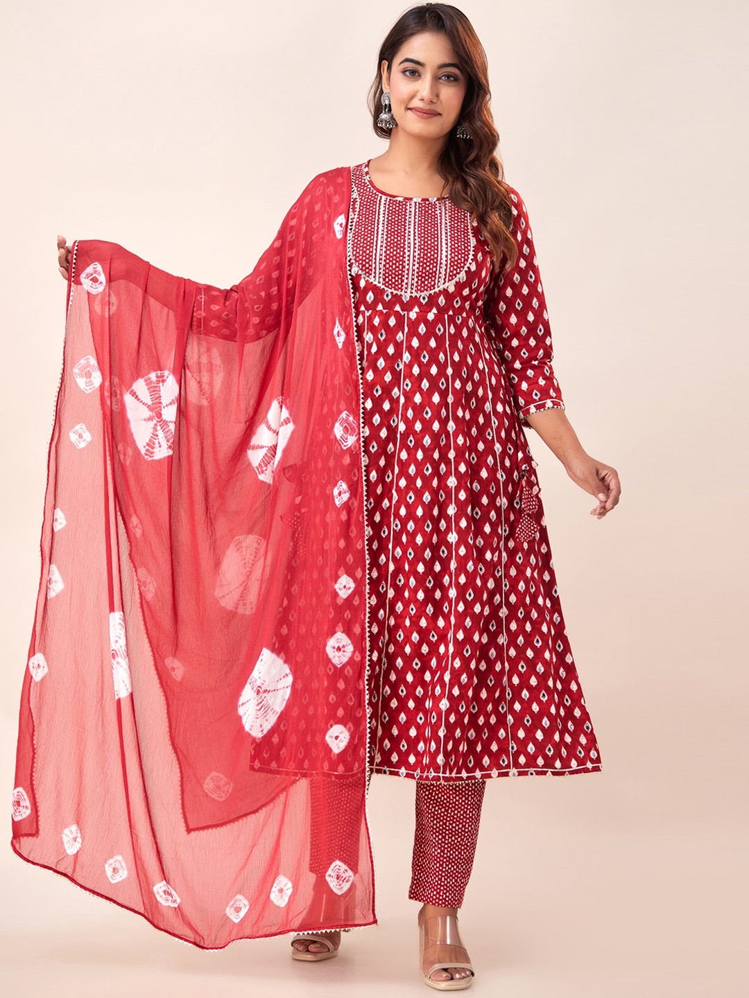 

HERE&NOW Red Printed Empire Gotta Patti Pure Cotton Kurta with Trousers & Dupatta