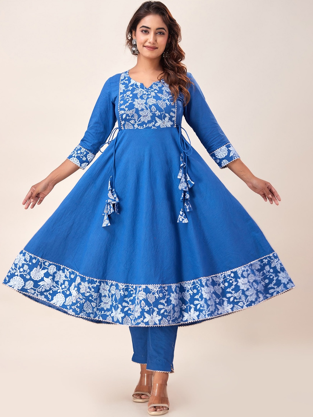 

HERE&NOW Blue Yoke Design Empire Gotta Patti Pure Cotton Kurta with Trousers & Dupatta