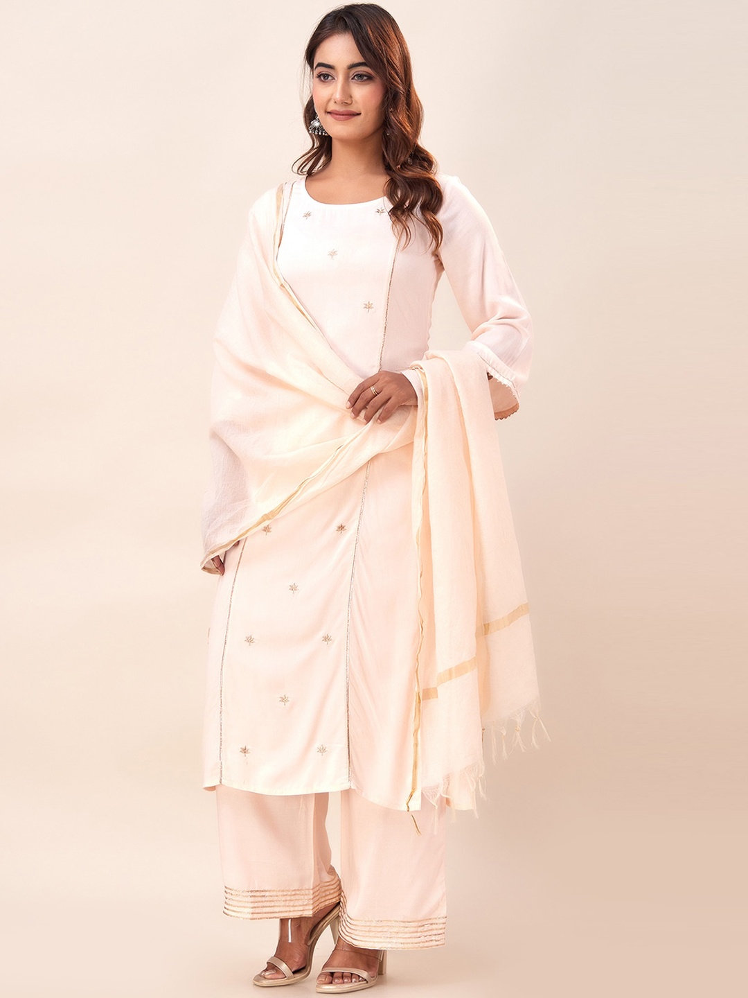 

HERE&NOW Floral Embroidered Panelled Kurta with Palazzos & With Dupatta, Pink