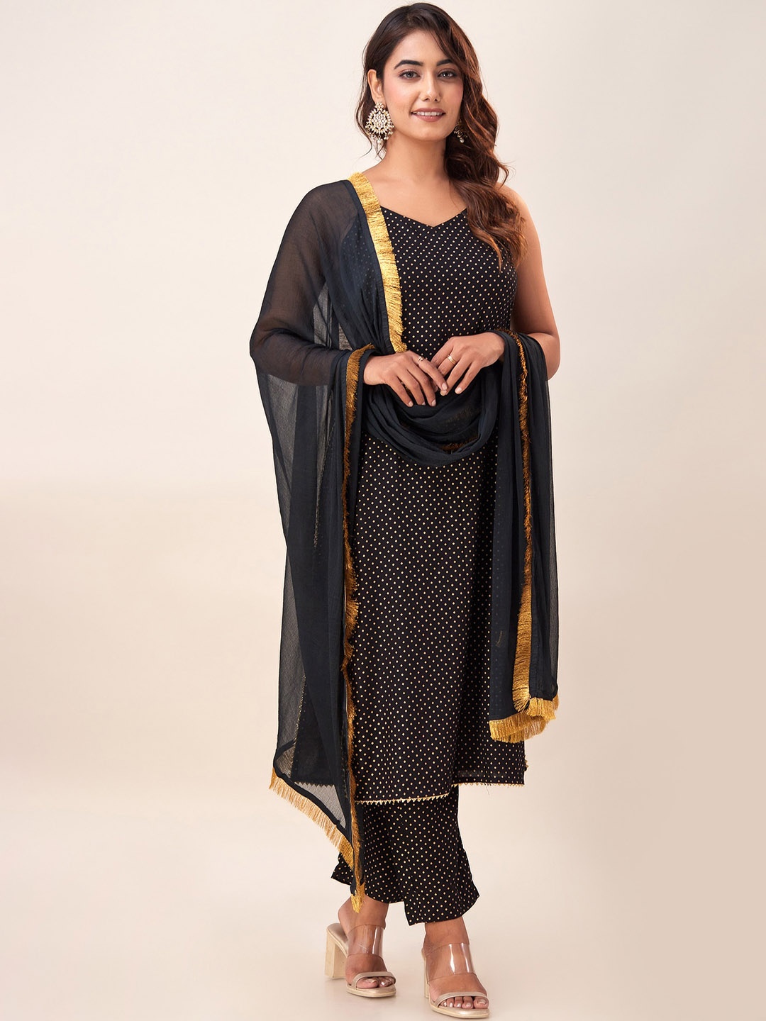 

HERE&NOW Geometric Printed Shoulder Straps Gotta Patti Kurta & Palazzos With Dupatta, Black