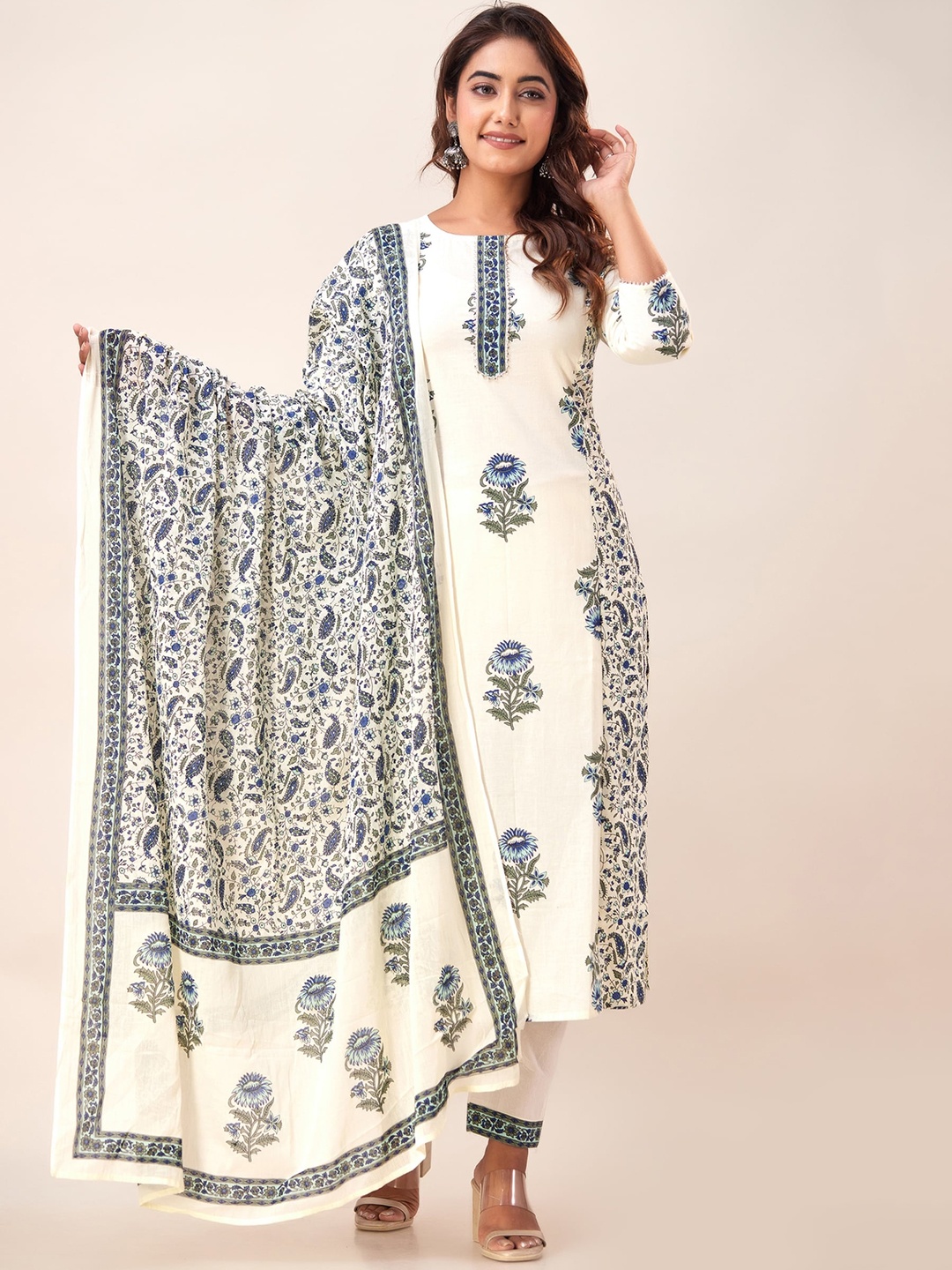 

HERE&NOW Ethnic Motifs Printed Pure Cotton Kurta with Trousers & With Dupatta, White