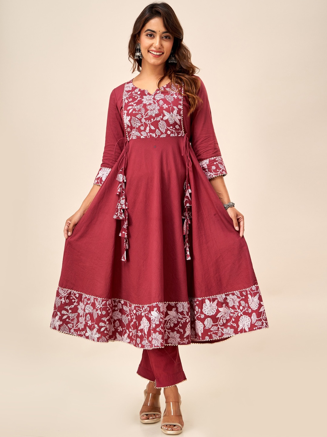 

HERE&NOW Floral Yoke Design Anarkali Pure Cotton Kurta with Trousers, Maroon