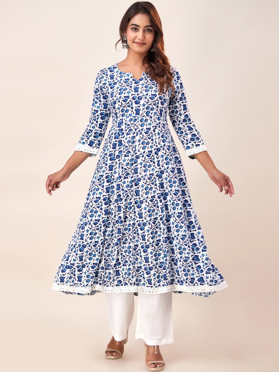 

HERE&NOW Floral Printed Anarkali Kurta With Palazzos & With Dupatta, Blue