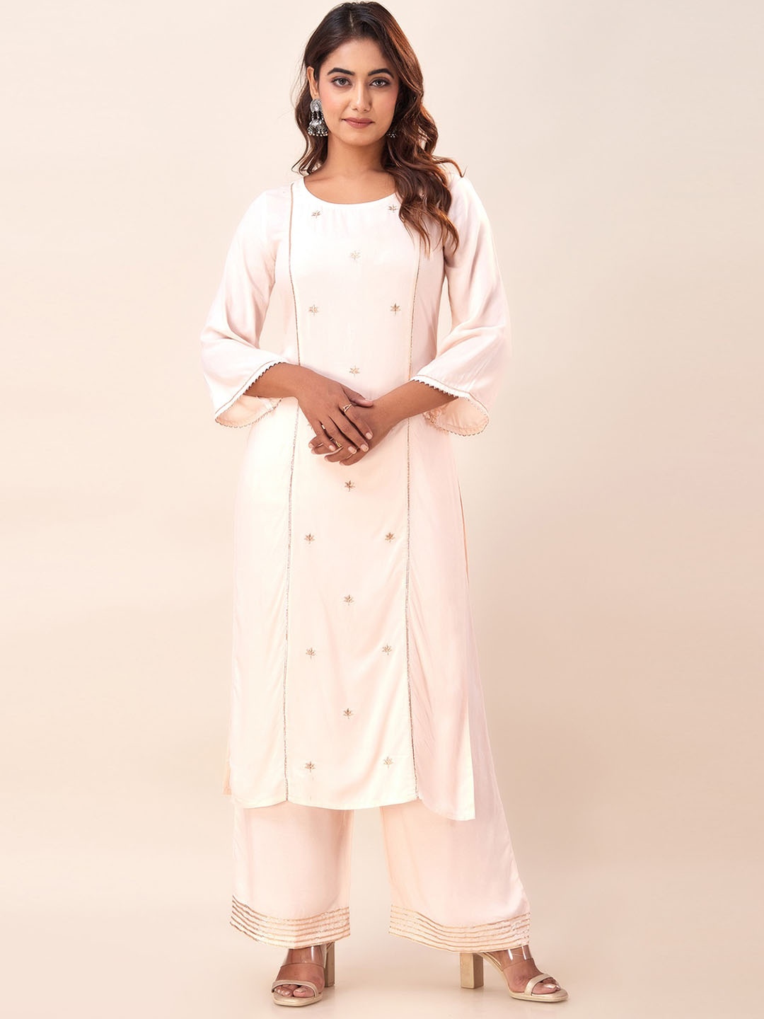 

HERE&NOW Pink Floral Embroidered Regular Gotta Patti Kurta With Palazzos