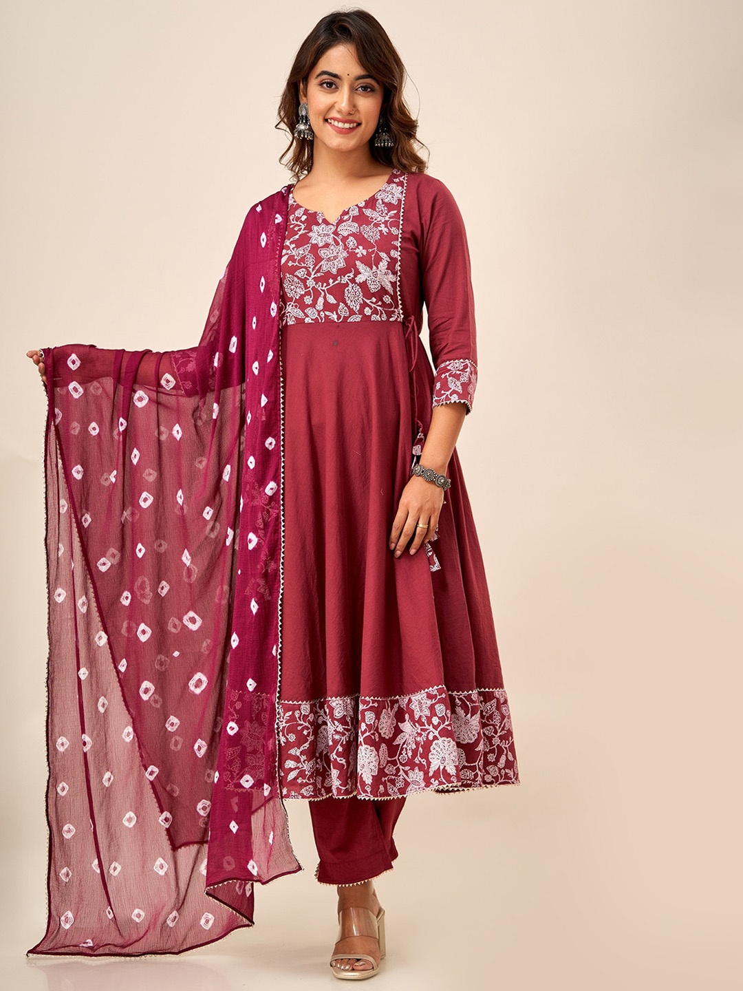 

HERE&NOW Floral Printed Anarkali Pure Cotton Kurta with Trousers & Dupatta, Maroon