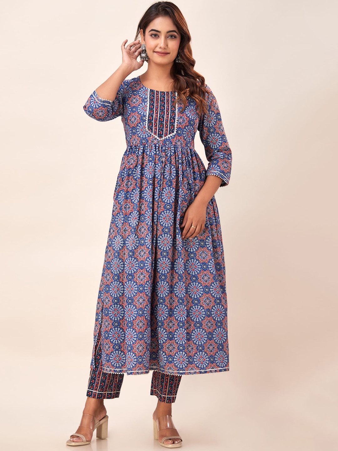 

HERE&NOW Ethnic Motifs Printed Pleated Ajrakh Pure Cotton Kurta with Trousers, Blue