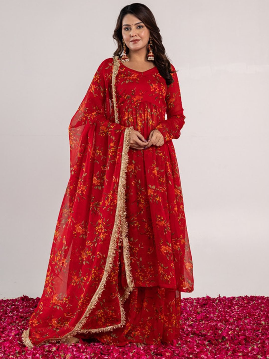 

OneWe Floral Printed Silk Chiffon Anarkali Kurta With Sharara & Dupatta, Red