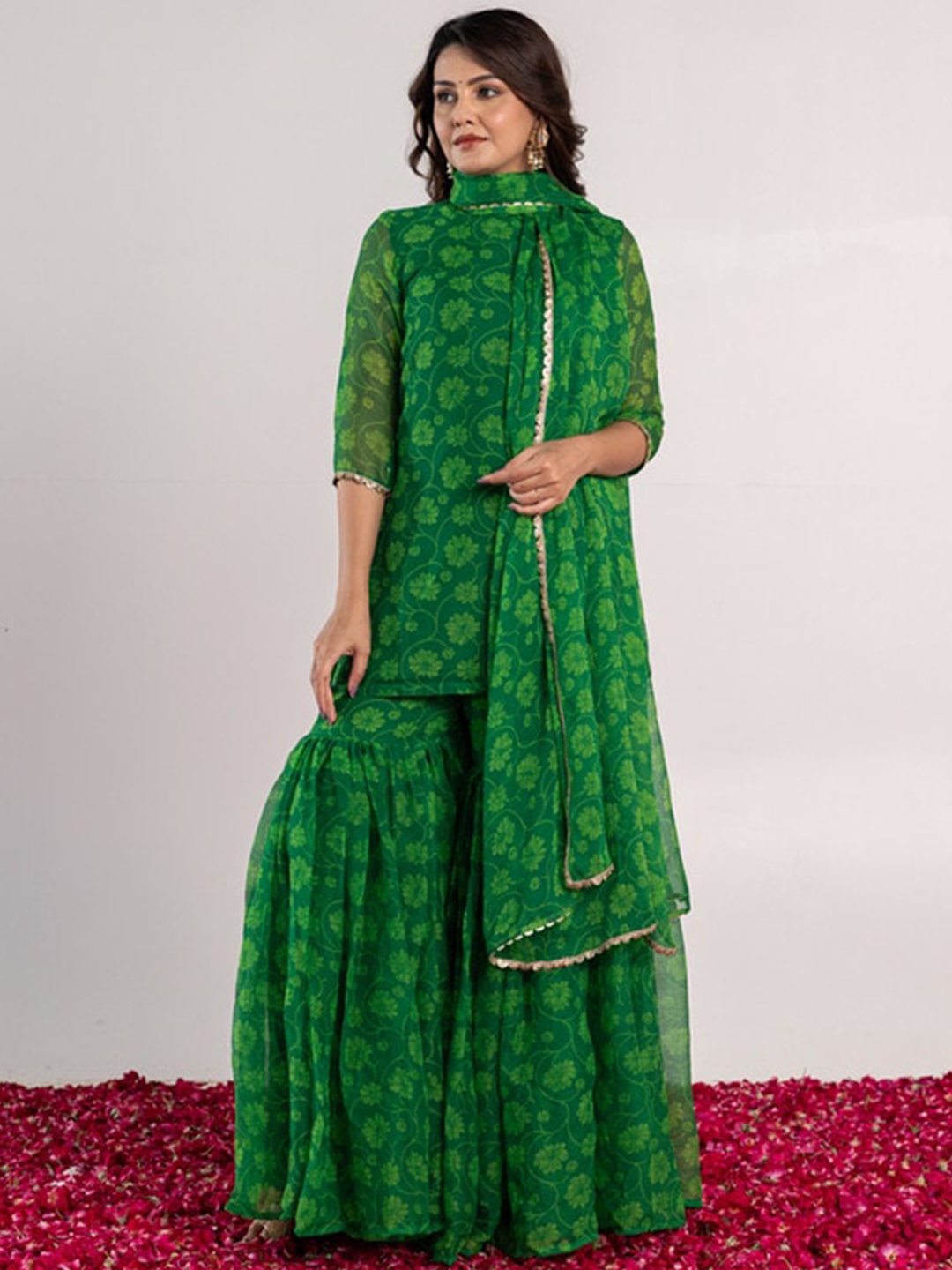 

OneWe Floral Printed Regular Silk Chiffon Kurti With Sharara & Dupatta, Green