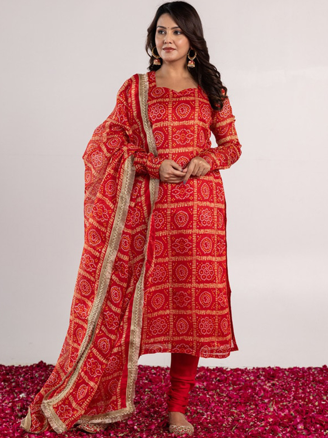 

OneWe Bandhani Printed Regular Kurta With Churidar & Dupatta, Red