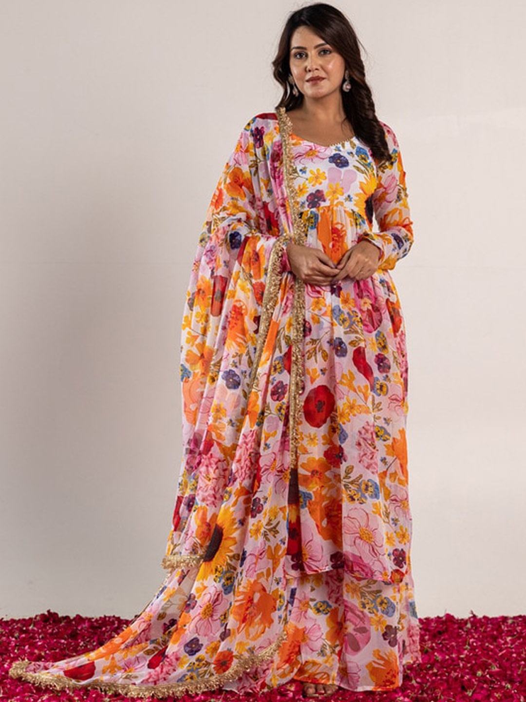 

OneWe Floral Printed Empire Silk Chiffon Kurta with Sharara & With Dupatta, White