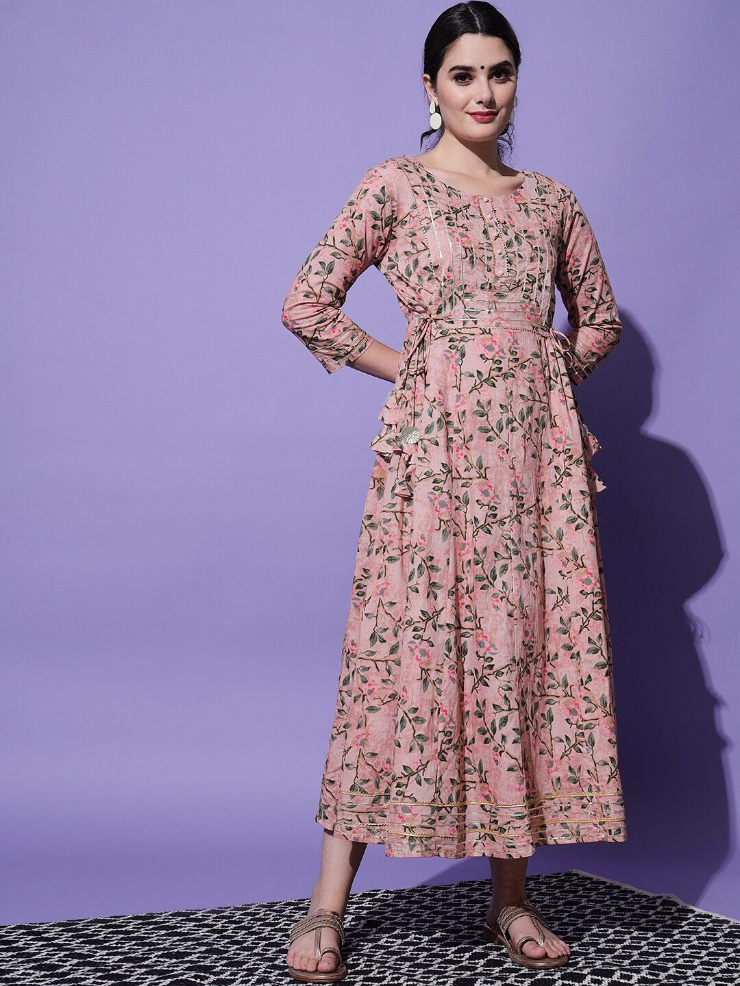 

AAYUMI Floral Printed Gotta Patti Midi Ethnic Dress, Pink