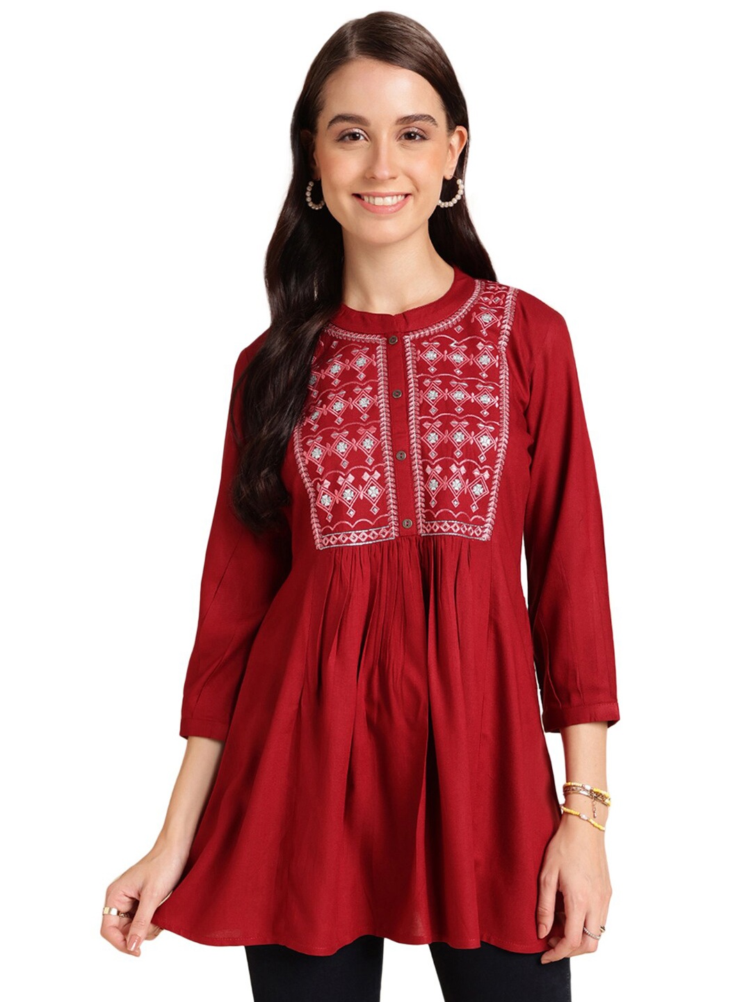 

Nimayaa Embroidered Mandarin Collar Tunics, Red