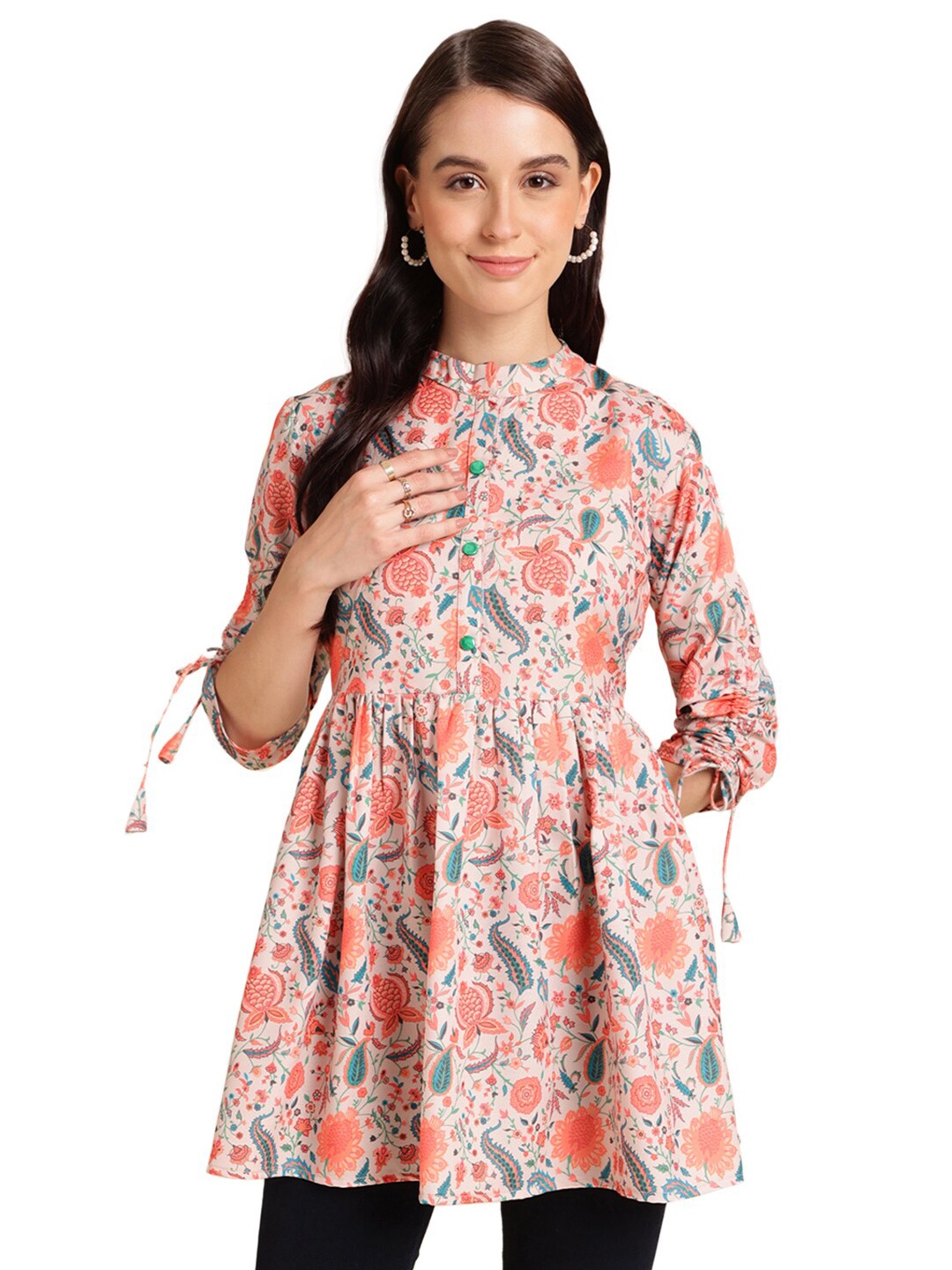 

Nimayaa Floral Printed Mandarin Collar A-Line Kurtis, Orange