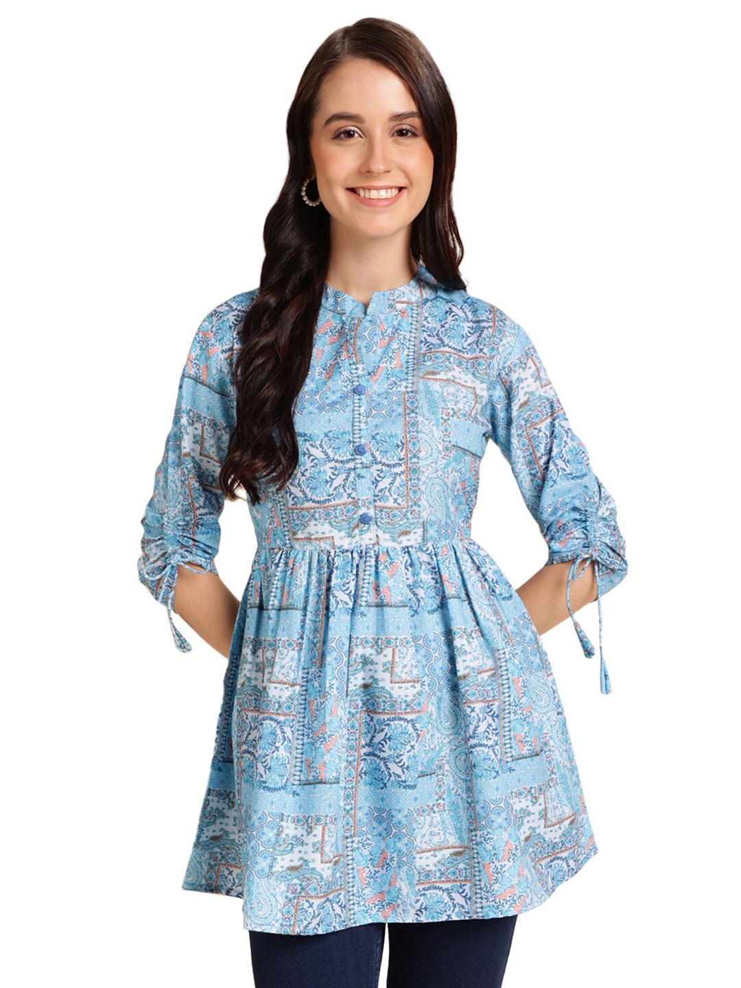 

Nimayaa Floral Printed Mandarin Collar A-Line Kurtis, Blue