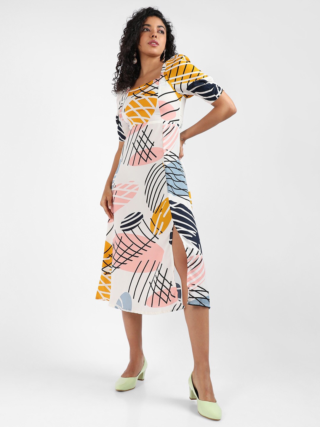 

Campus Sutra Geometric Printed Puff Sleeves A-Line Dress, White