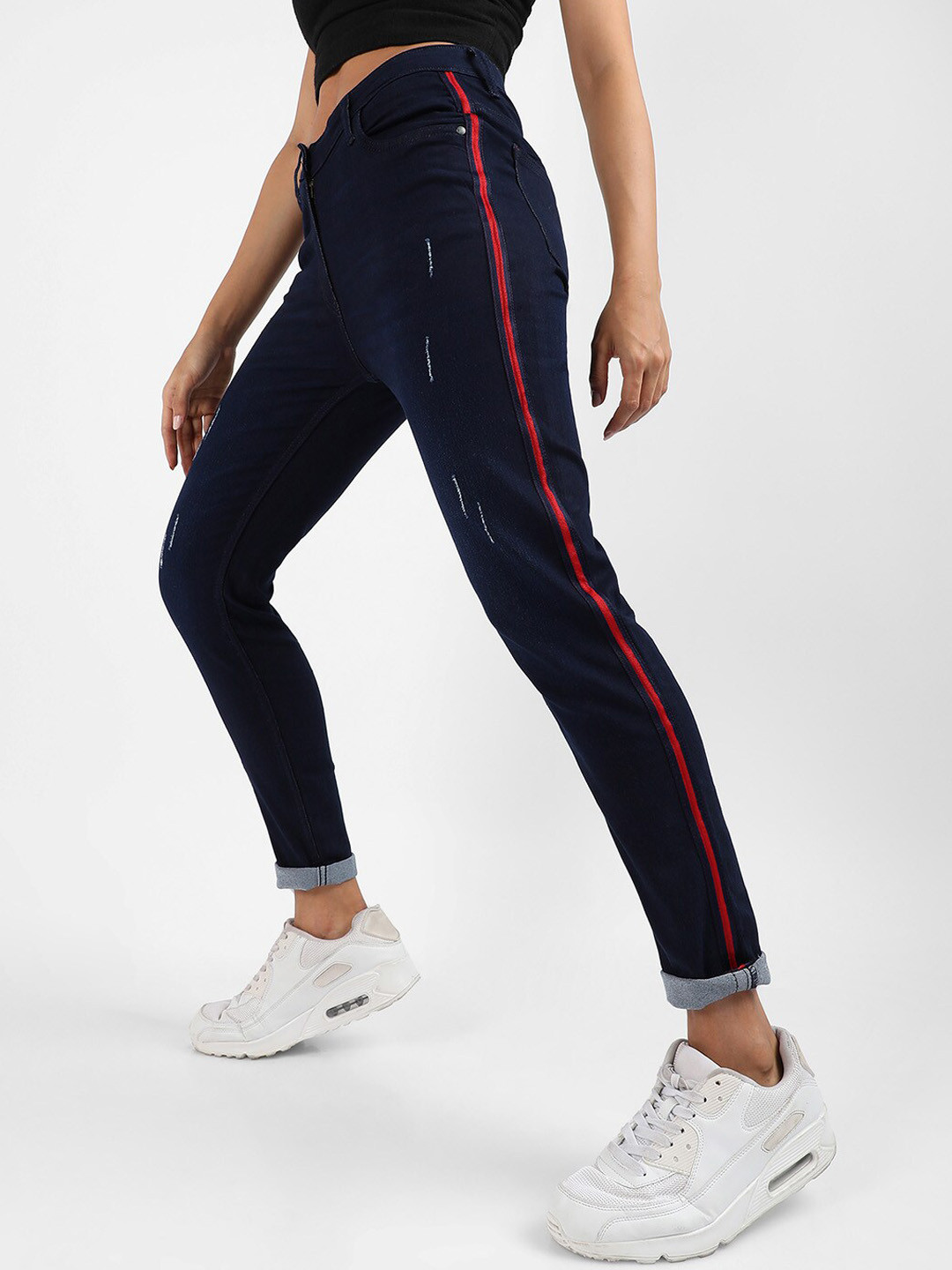 

Campus Sutra Women Smart Slim Fit Mid-Rise Low Distress Side Stripes Jeans, Navy blue