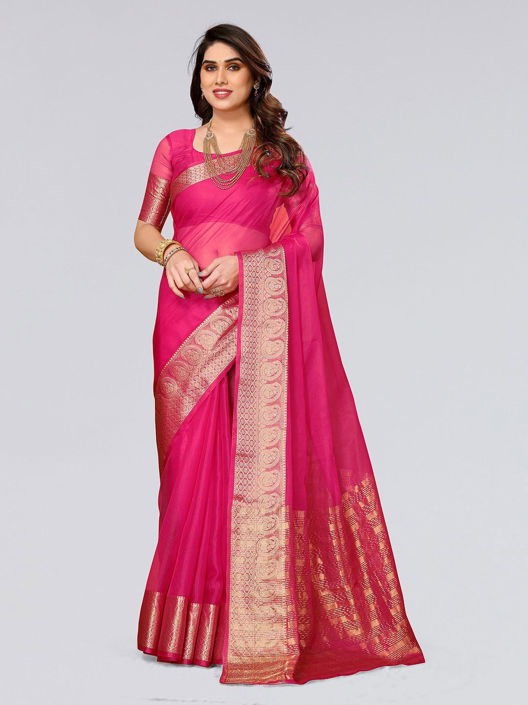 

SIRIL Ethnic Motifs Woven Design Border Zari Organza Saree, Pink