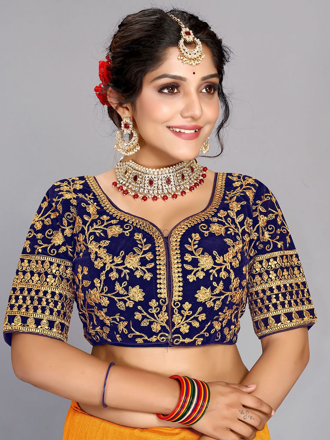 

SCUBE DESIGNS Embroidered Velvet Saree Blouse, Navy blue