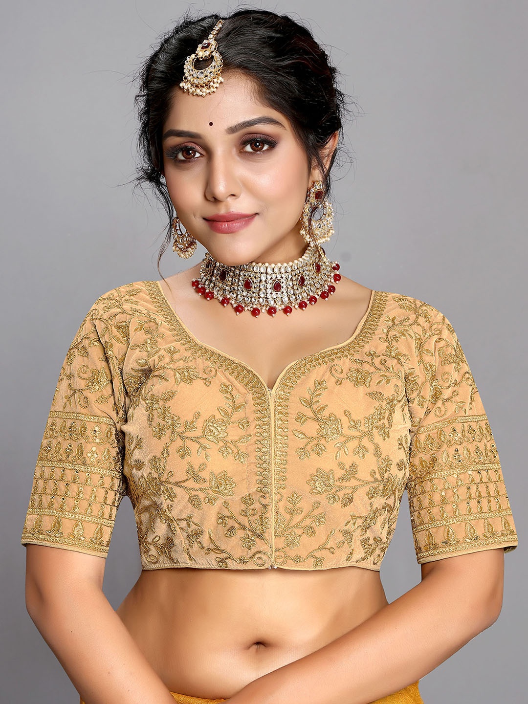 

SCUBE DESIGNS Embroidered Velvet Saree Blouse, Beige