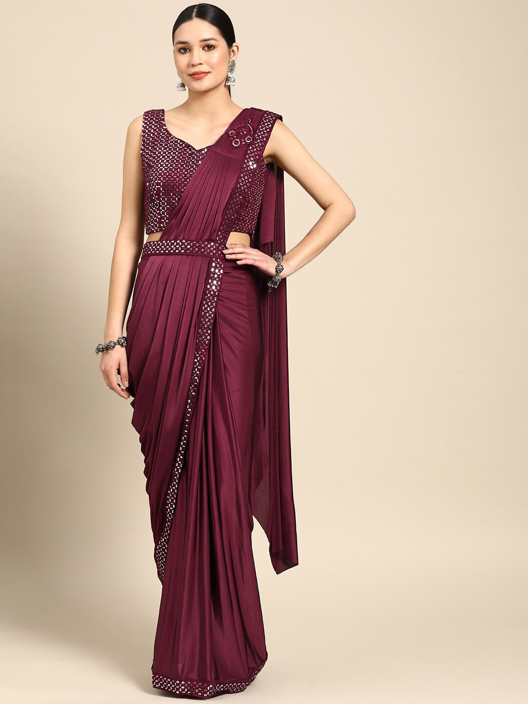 

Mitera Embroidered Ready To Wear Lycra Leheriya Saree, Burgundy