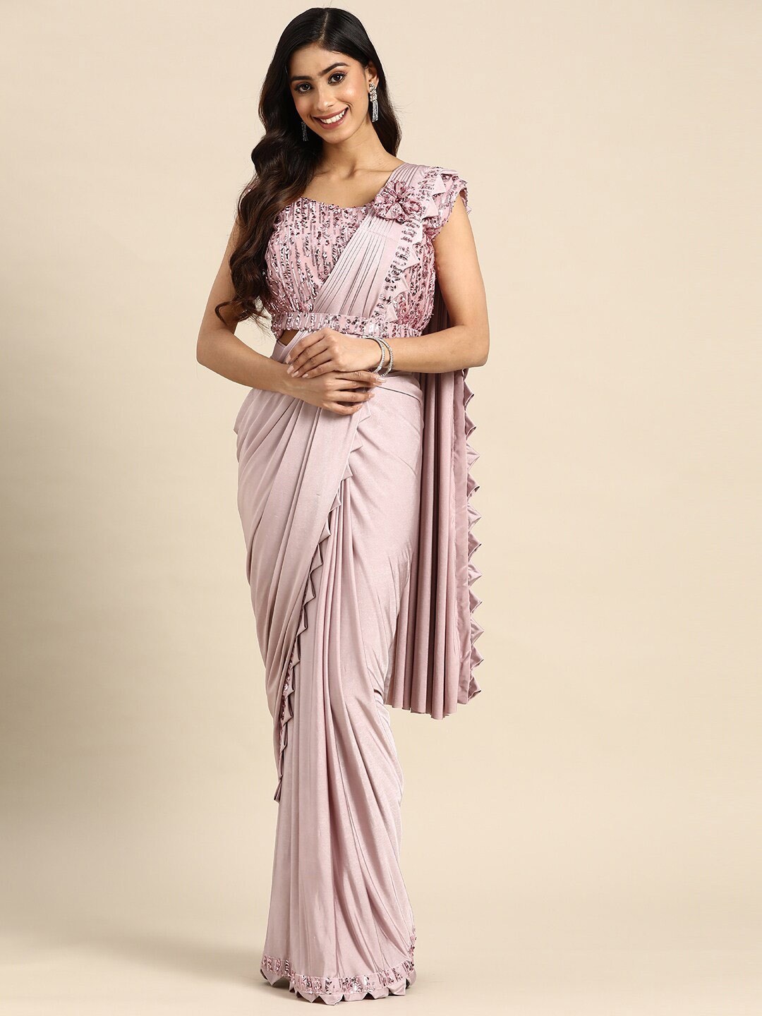 

Mitera Embellished Border Ready to Wear Saree, Pink