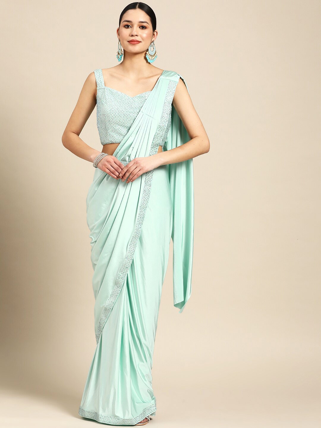 

Mitera Sequinned Embellished Border Ready to Wear Saree, Turquoise blue