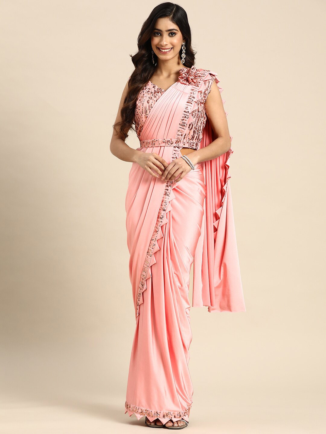 

Mitera Pink Sequinned Lycra Ready to Wear Saree