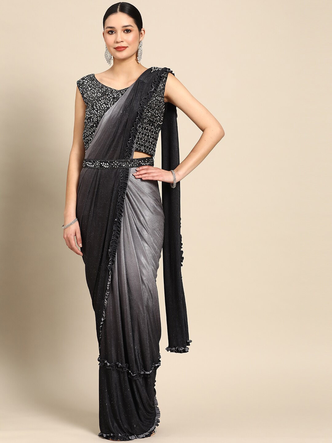 

Mitera Black Ombre Embroidered Ready to Wear Saree With Stitched Blouse