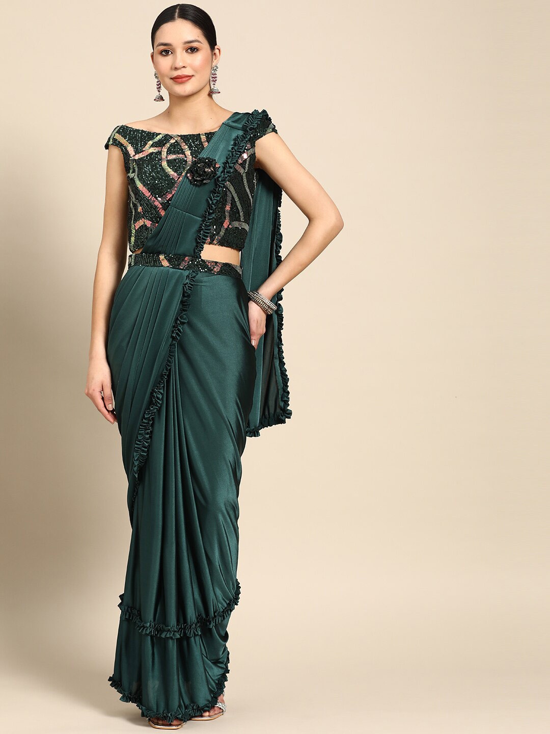 

Mitera Green Embellished Sequined Ready To Wear Saree