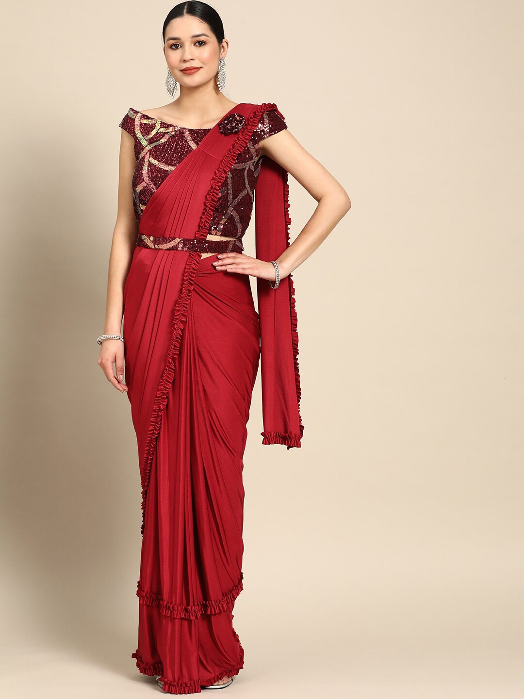 

Mitera Maroon Embroidered Ready to Wear Saree