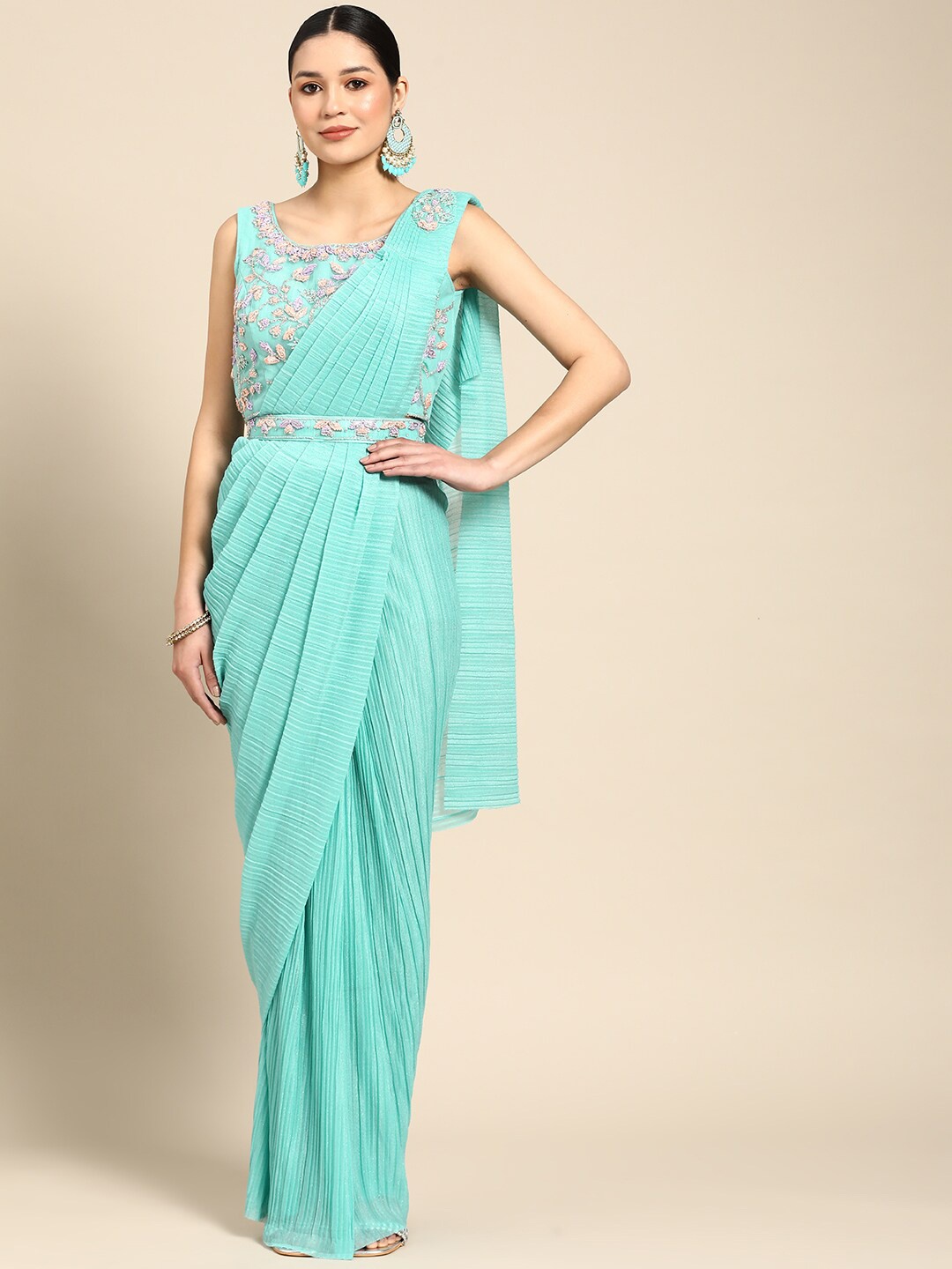 

Mitera Sea Green Embroidered Ready To Wear Saree