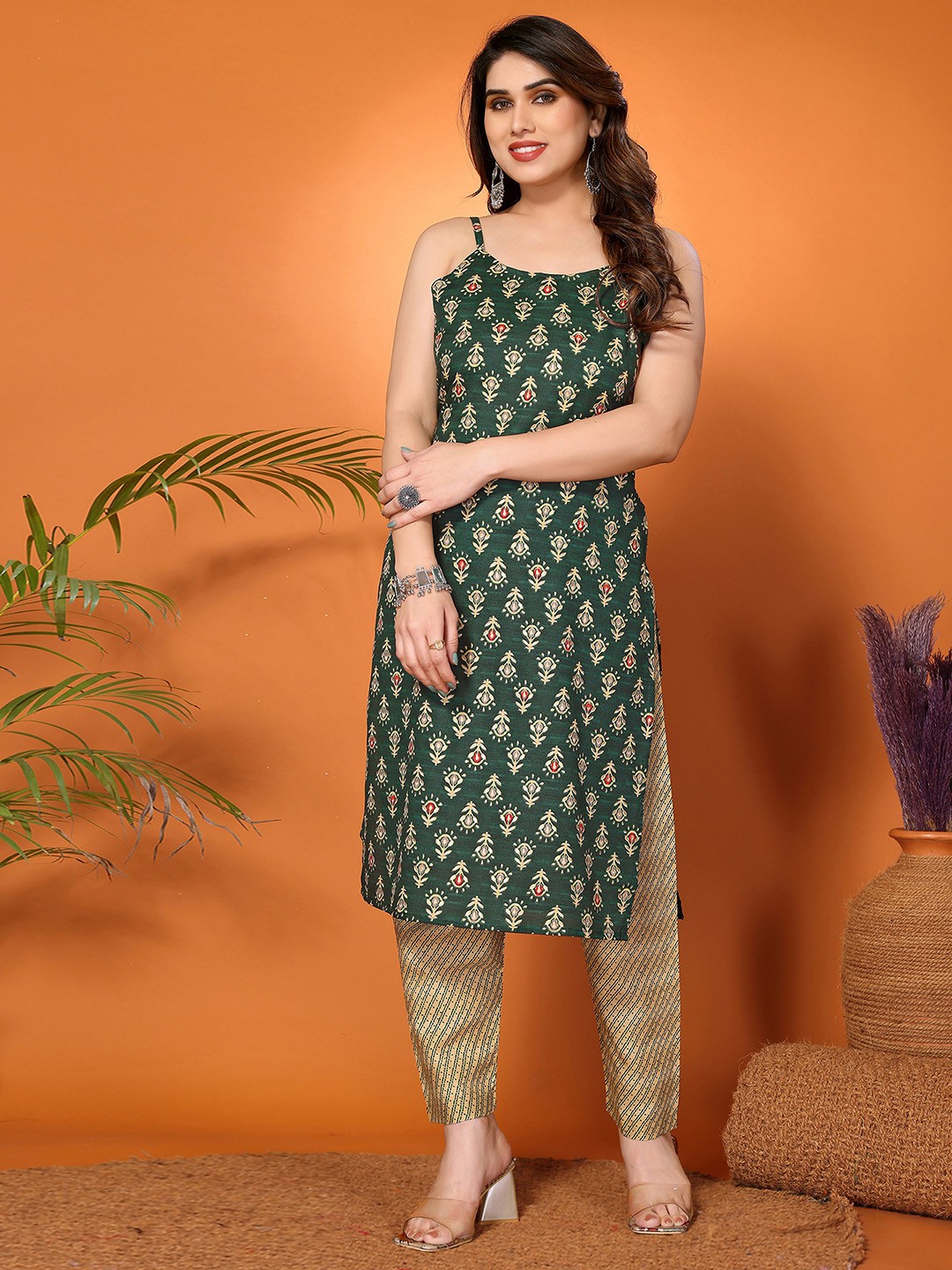 

KALINI Ethnic Motifs Printed Shoulder Straps Kurta With Trousers, Green