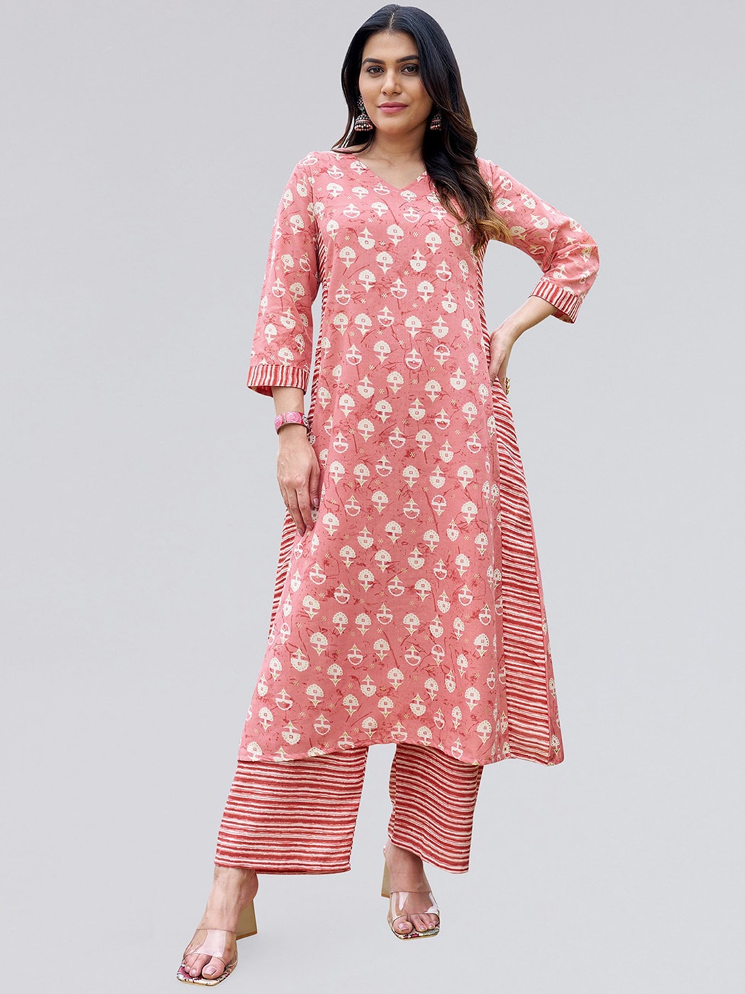 

KALINI Floral Printed V-Neck A-Line Kurta with Trousers, Peach