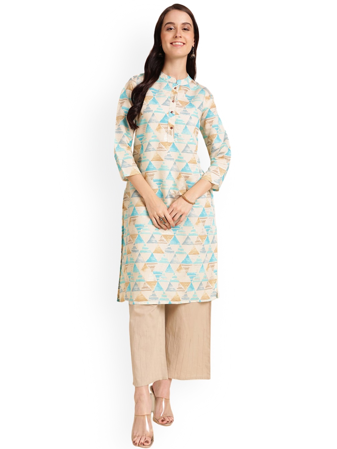 

Nimayaa Geometric Printed Chanderi Cotton Straight Kurta, Blue