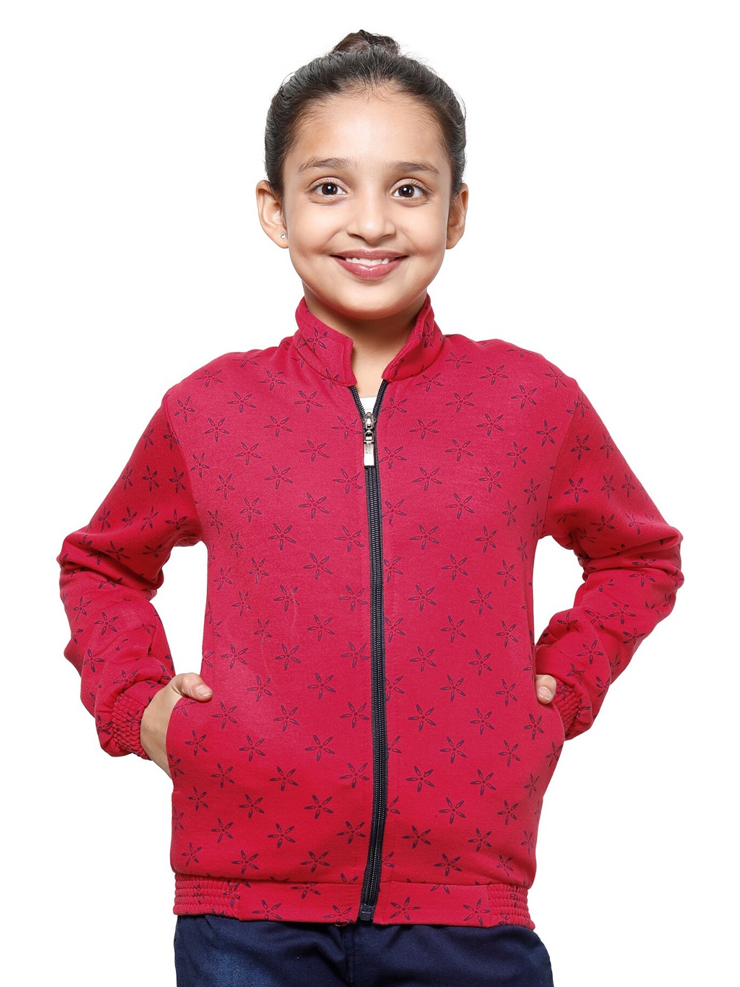 

IndiWeaves Girls Floral Printed Mock Collar Long Sleeve Fleece Front-Open Sweatshirt, Pink