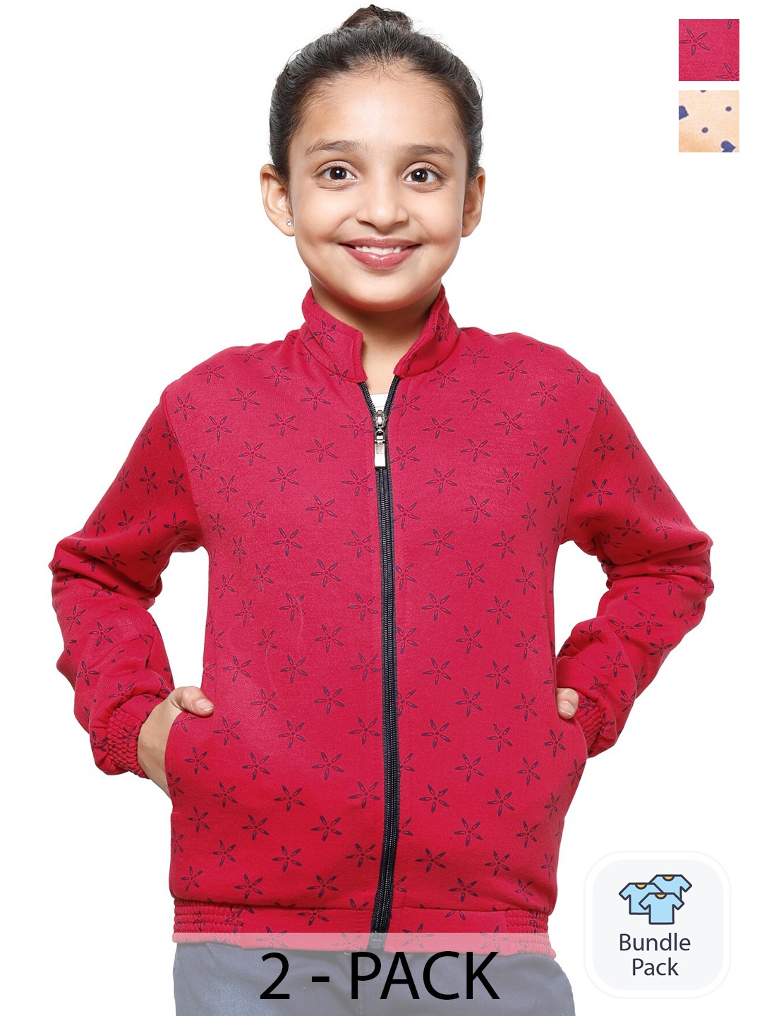 

IndiWeaves Girls Pack Of 2 Printed Mock Collar Long Sleeve Fleece Front-Open Sweatshirt, Pink