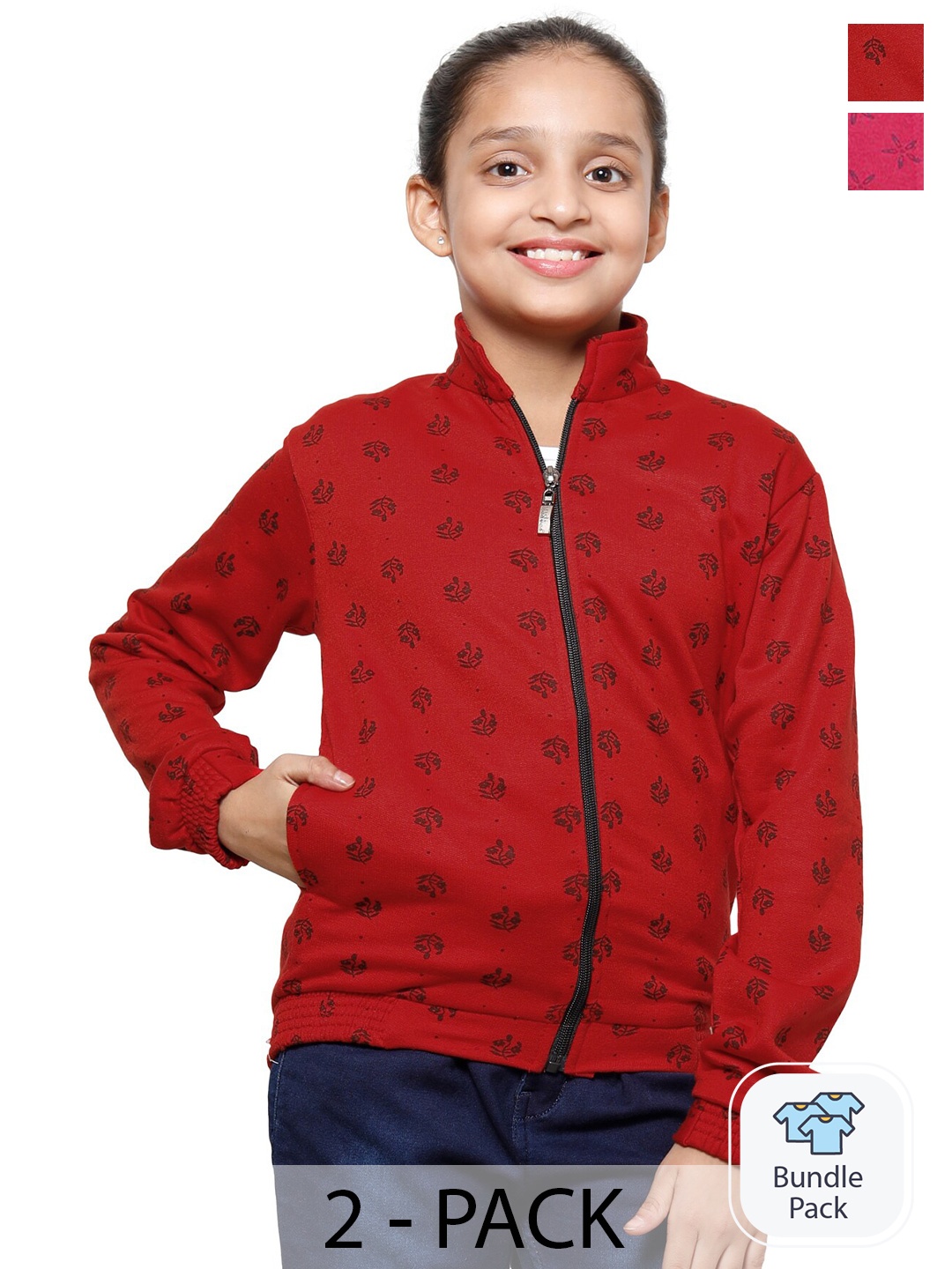 

IndiWeaves Girls Pack Of 2 Printed Mock Collar Long Sleeve Fleece Front-Open Sweatshirt, Red