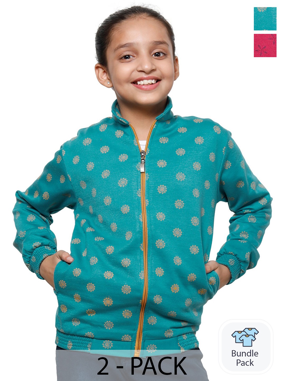 

IndiWeaves Girls Pack Of 2 Printed Mock Collar Long Sleeve Fleece Front-Open Sweatshirt, Green