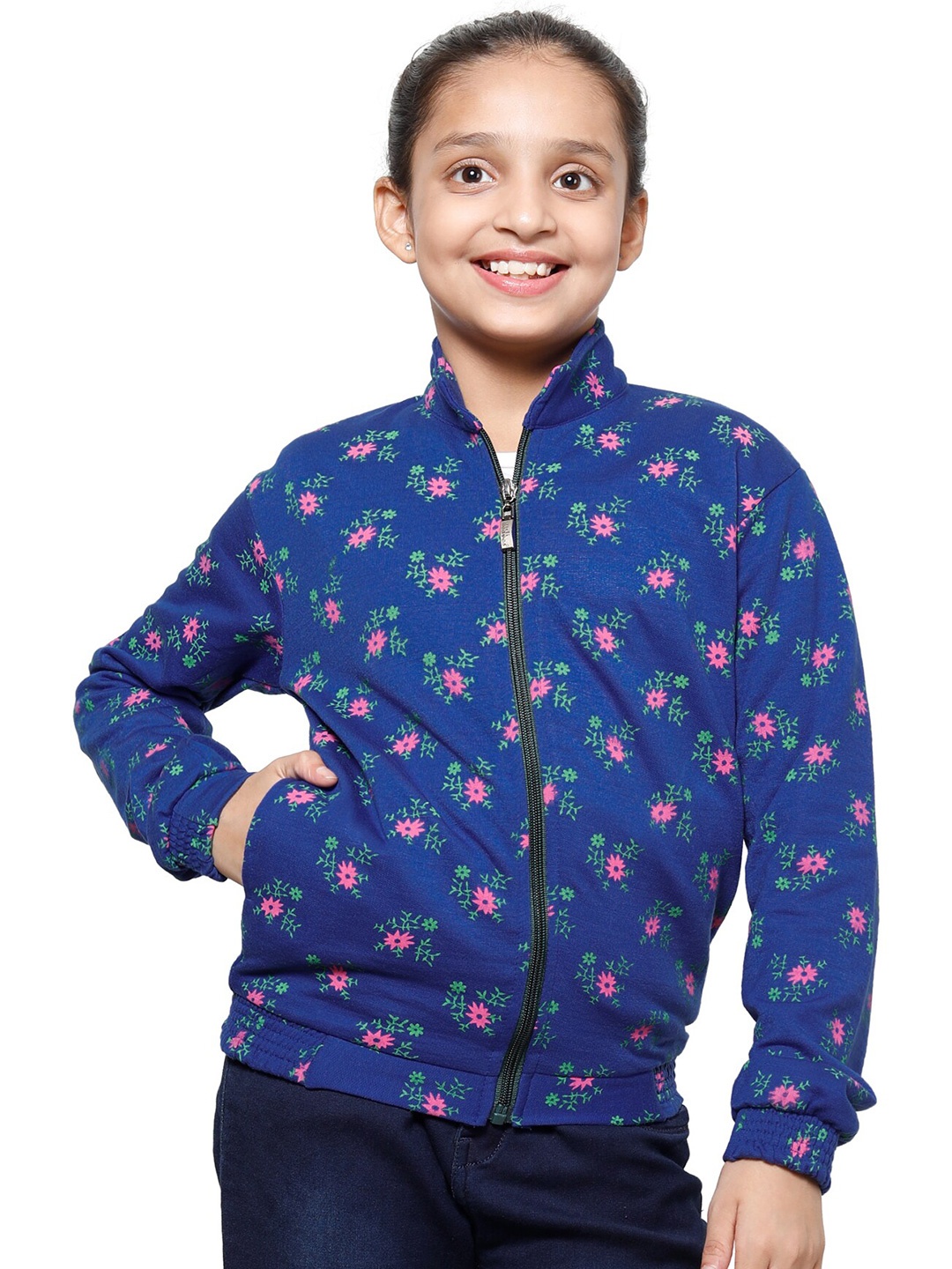 

IndiWeaves Girls Floral Printed Mock Collar Long Sleeve Fleece Front-Open Sweatshirt, Blue